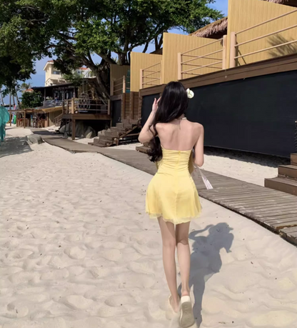 Chic Yellow A-Line Cutout Mini Skirt Classical Party Outfit Strapless Beach Vacays Tulle Layered Short Dress AP1586