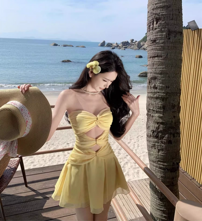Chic Yellow A-Line Cutout Mini Skirt Classical Party Outfit Strapless Beach Vacays Tulle Layered Short Dress AP1586