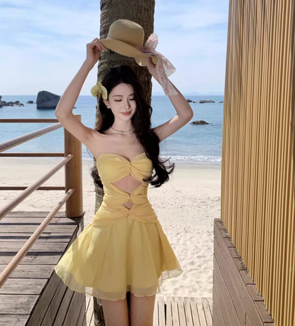 Chic Yellow A-Line Cutout Mini Skirt Classical Party Outfit Strapless Beach Vacays Tulle Layered Short Dress AP1586