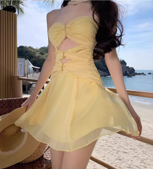 Chic Yellow A-Line Cutout Mini Skirt Classical Party Outfit Strapless Beach Vacays Tulle Layered Short Dress AP1586