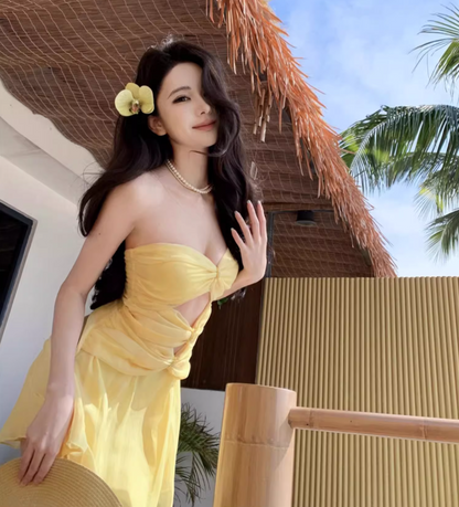 Chic Yellow A-Line Cutout Mini Skirt Classical Party Outfit Strapless Beach Vacays Tulle Layered Short Dress AP1586