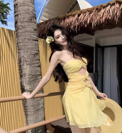Chic Yellow A-Line Cutout Mini Skirt Classical Party Outfit Strapless Beach Vacays Tulle Layered Short Dress AP1586
