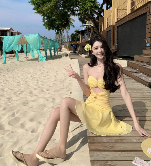 Chic Yellow A-Line Cutout Mini Skirt Classical Party Outfit Strapless Beach Vacays Tulle Layered Short Dress AP1586