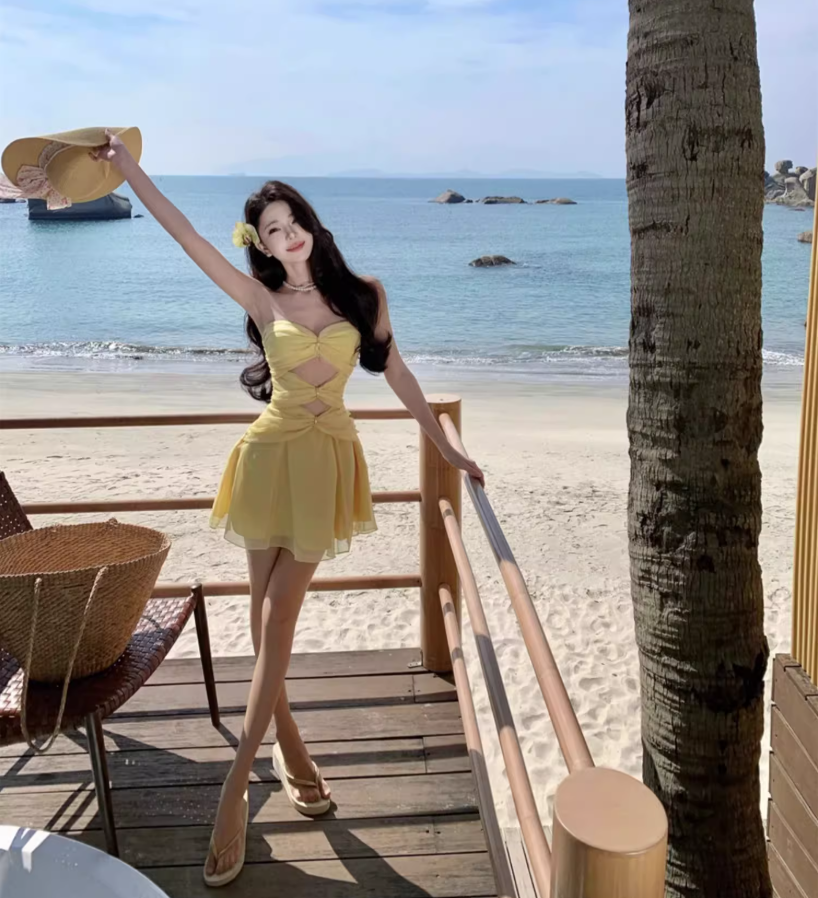 Chic Yellow A-Line Cutout Mini Skirt Classical Party Outfit Strapless Beach Vacays Tulle Layered Short Dress AP1586