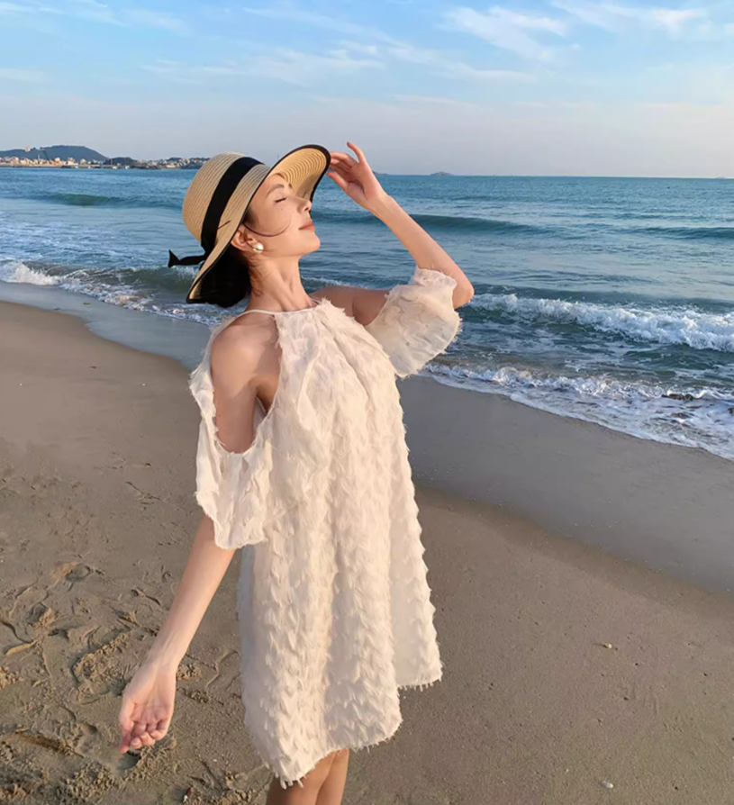 New Fashion White Feather Textured Mini Skirt Vogue Party Outfit Cold-Shoulder Short Dress AP1587