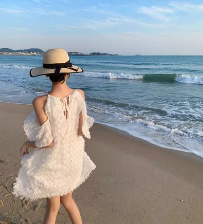 New Fashion White Feather Textured Mini Skirt Vogue Party Outfit Cold-Shoulder Short Dress AP1587