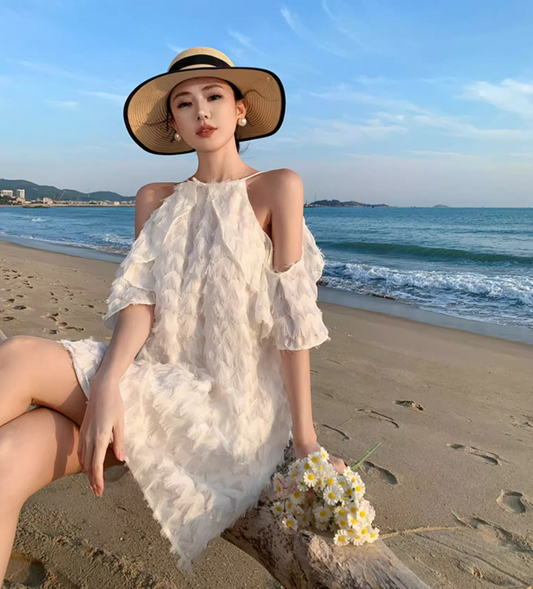 New Fashion White Feather Textured Mini Skirt Vogue Party Outfit Cold-Shoulder Short Dress AP1587