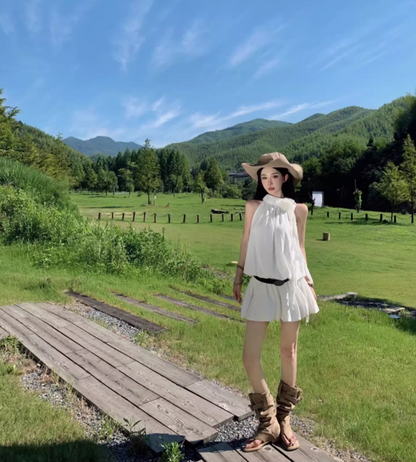 Classical White Flowy Mini Skirt Chic Party Outfit Flower Design Halter Short Dress AP1588