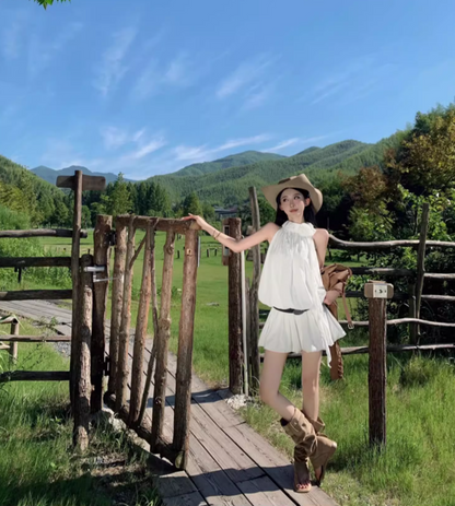 Classical White Flowy Mini Skirt Chic Party Outfit Flower Design Halter Short Dress AP1588