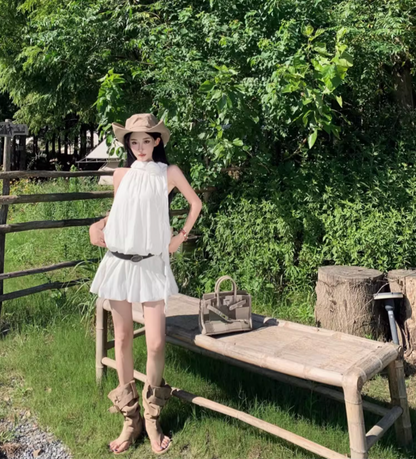 Classical White Flowy Mini Skirt Chic Party Outfit Flower Design Halter Short Dress AP1588