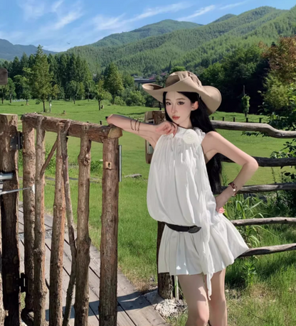 Classical White Flowy Mini Skirt Chic Party Outfit Flower Design Halter Short Dress AP1588