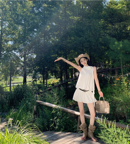 Classical White Flowy Mini Skirt Chic Party Outfit Flower Design Halter Short Dress AP1588