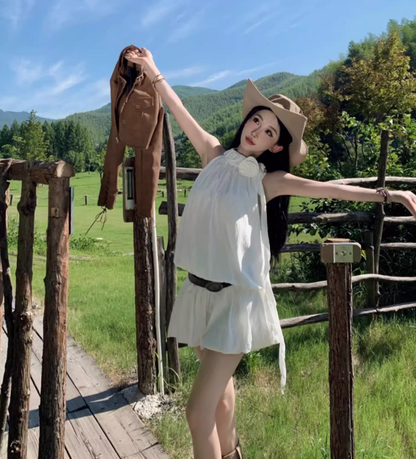 Classical White Flowy Mini Skirt Chic Party Outfit Flower Design Halter Short Dress AP1588