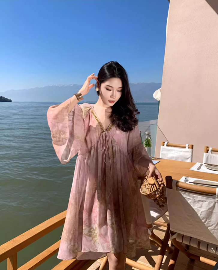 Charming Pink Floral Print Mini Skirt Niche Long Sleeve Flowy Party Outfit Short Dress AP1589