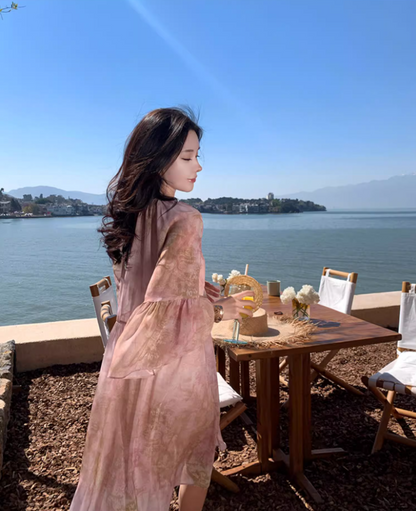 Charming Pink Floral Print Mini Skirt Niche Long Sleeve Flowy Party Outfit Short Dress AP1589