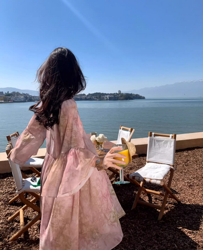 Charming Pink Floral Print Mini Skirt Niche Long Sleeve Flowy Party Outfit Short Dress AP1589