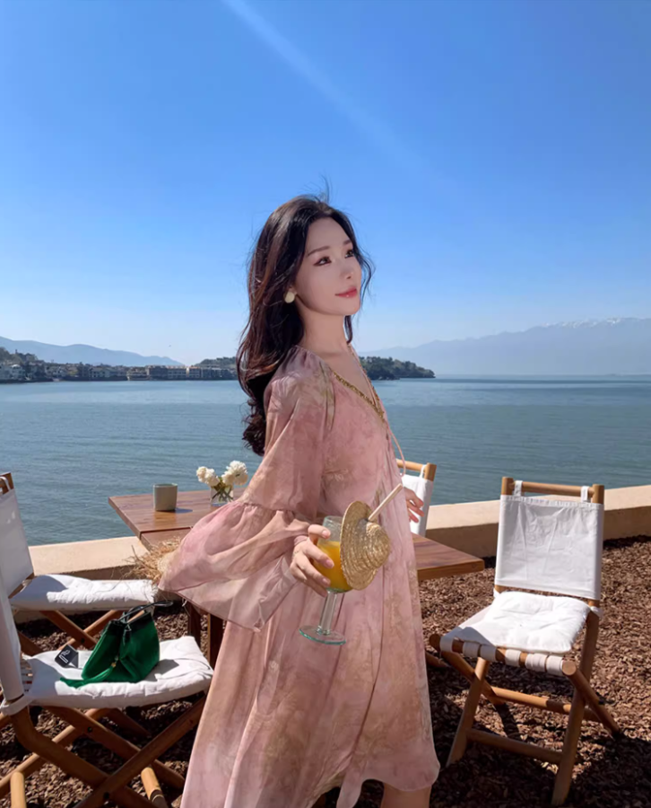 Charming Pink Floral Print Mini Skirt Niche Long Sleeve Flowy Party Outfit Short Dress AP1589