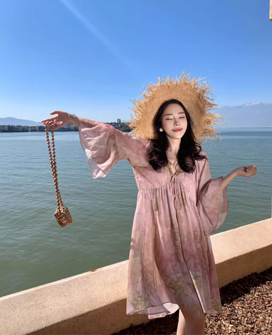 Charming Pink Floral Print Mini Skirt Niche Long Sleeve Flowy Party Outfit Short Dress AP1589