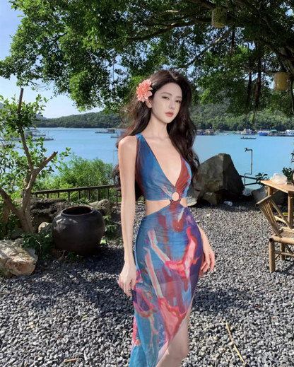 Dopamine Style Colorful Printed Cutout Waist Midi Skirt Vogue Beach Vacation Outfit Asymmetric Hem Long Dress AP1590