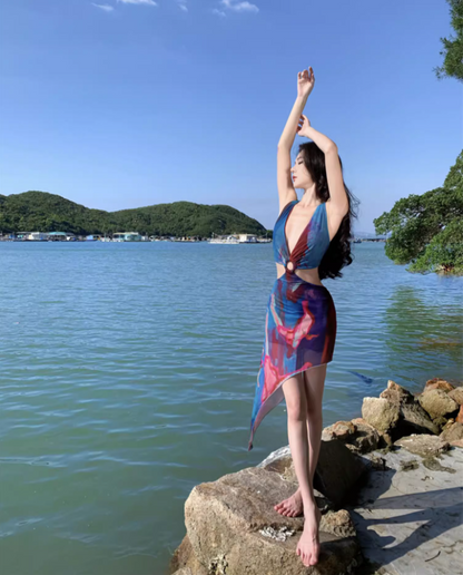 Dopamine Style Colorful Printed Cutout Waist Midi Skirt Vogue Beach Vacation Outfit Asymmetric Hem Long Dress AP1590