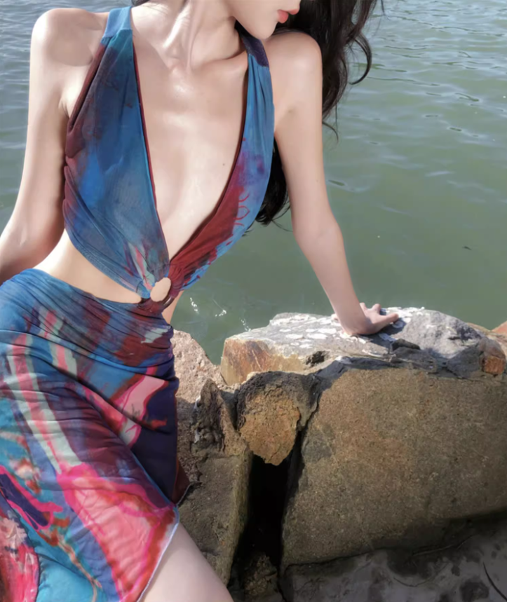 Dopamine Style Colorful Printed Cutout Waist Midi Skirt Vogue Beach Vacation Outfit Asymmetric Hem Long Dress AP1590