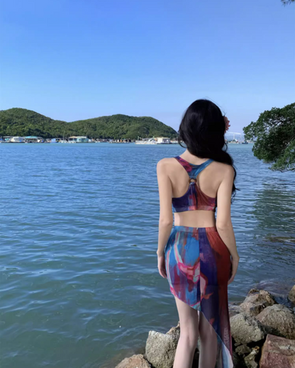 Dopamine Style Colorful Printed Cutout Waist Midi Skirt Vogue Beach Vacation Outfit Asymmetric Hem Long Dress AP1590