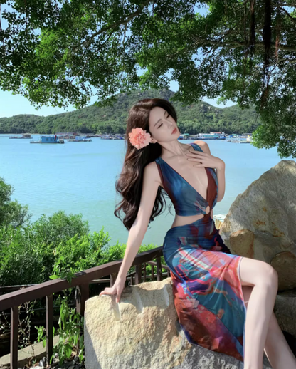 Dopamine Style Colorful Printed Cutout Waist Midi Skirt Vogue Beach Vacation Outfit Asymmetric Hem Long Dress AP1590