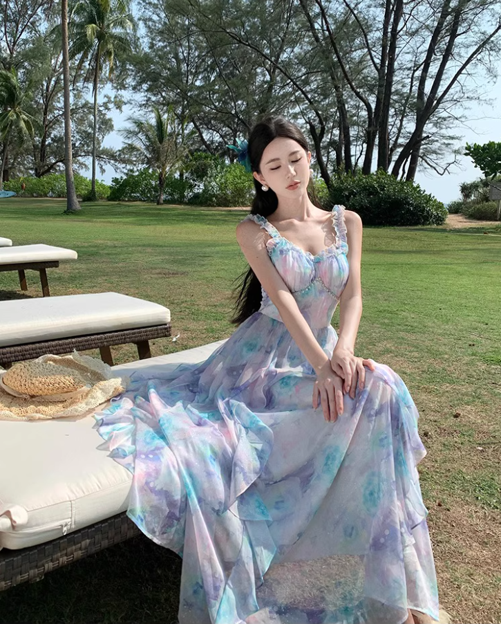 French-Inspired Floral Print Double Layers Maxi Skirt Chic Ruffles Off-Shoulder Beach Vacation Outfit Long Dress AP1591