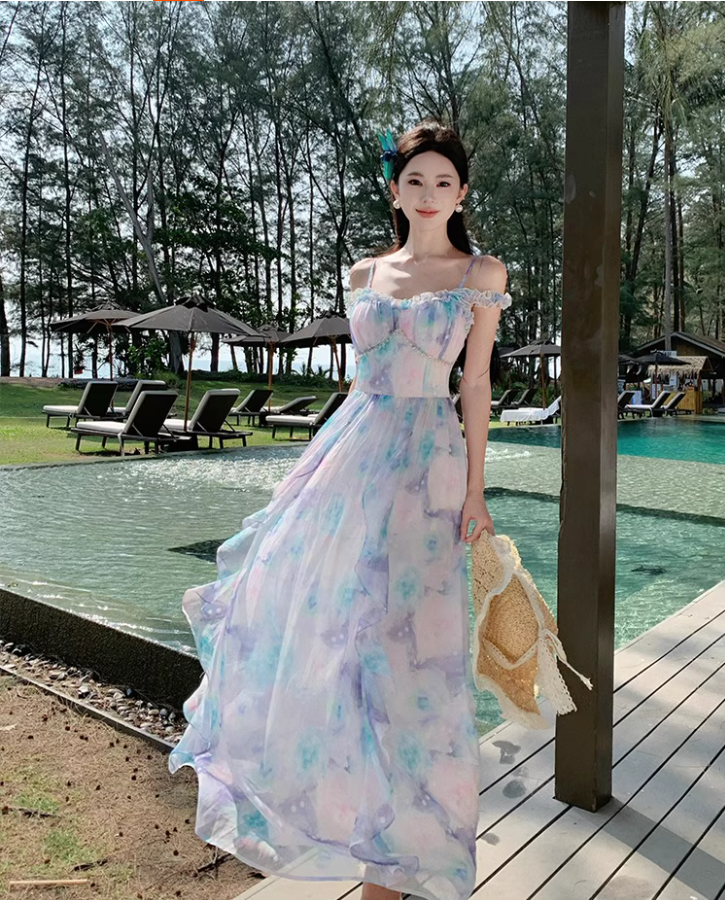 French-Inspired Floral Print Double Layers Maxi Skirt Chic Ruffles Off-Shoulder Beach Vacation Outfit Long Dress AP1591