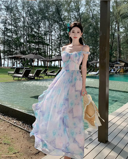 French-Inspired Floral Print Double Layers Maxi Skirt Chic Ruffles Off-Shoulder Beach Vacation Outfit Long Dress AP1591