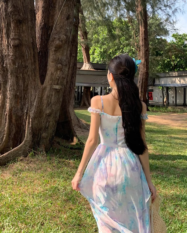 French-Inspired Floral Print Double Layers Maxi Skirt Chic Ruffles Off-Shoulder Beach Vacation Outfit Long Dress AP1591