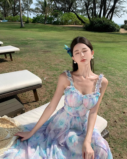 French-Inspired Floral Print Double Layers Maxi Skirt Chic Ruffles Off-Shoulder Beach Vacation Outfit Long Dress AP1591
