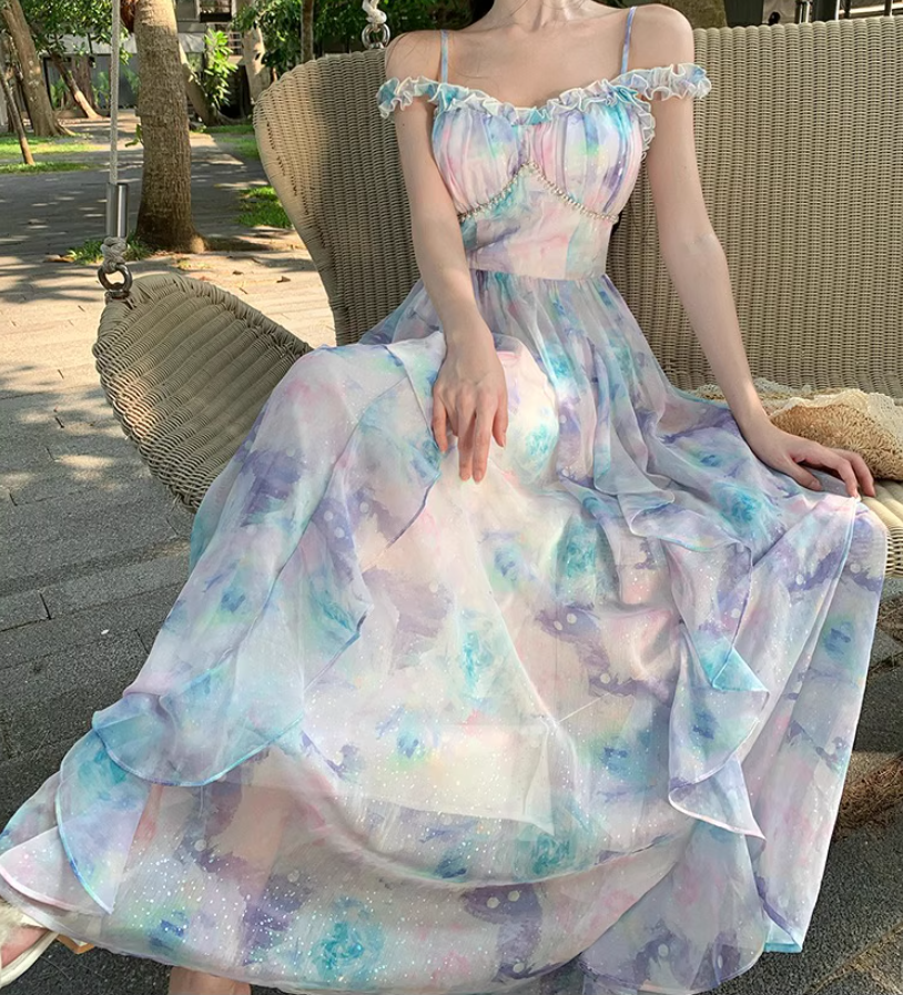 French-Inspired Floral Print Double Layers Maxi Skirt Chic Ruffles Off-Shoulder Beach Vacation Outfit Long Dress AP1591