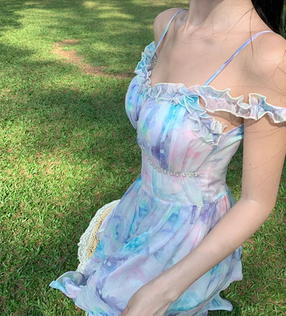 French-Inspired Floral Print Double Layers Maxi Skirt Chic Ruffles Off-Shoulder Beach Vacation Outfit Long Dress AP1591