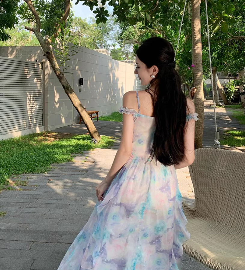 French-Inspired Floral Print Double Layers Maxi Skirt Chic Ruffles Off-Shoulder Beach Vacation Outfit Long Dress AP1591