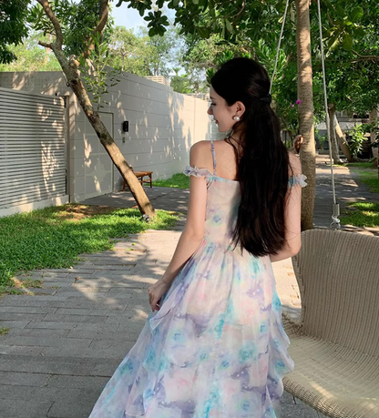 French-Inspired Floral Print Double Layers Maxi Skirt Chic Ruffles Off-Shoulder Beach Vacation Outfit Long Dress AP1591