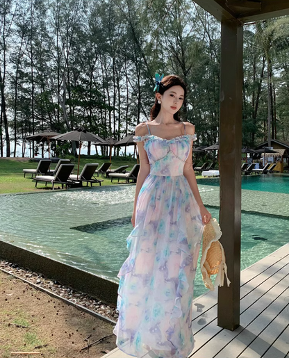 French-Inspired Floral Print Double Layers Maxi Skirt Chic Ruffles Off-Shoulder Beach Vacation Outfit Long Dress AP1591