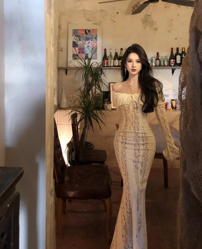 Elegant Beige Off-Shoulder Lace Splicing Maxi Skirt Chic Long Bell Sleeves Cutout Mermaid Evening Galas Long Dress AP1592