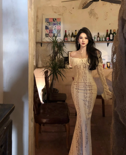 Elegant Beige Off-Shoulder Lace Splicing Maxi Skirt Chic Long Bell Sleeves Cutout Mermaid Evening Galas Long Dress AP1592