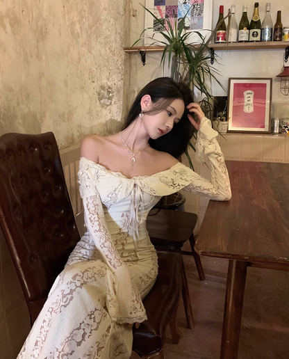 Elegant Beige Off-Shoulder Lace Splicing Maxi Skirt Chic Long Bell Sleeves Cutout Mermaid Evening Galas Long Dress AP1592