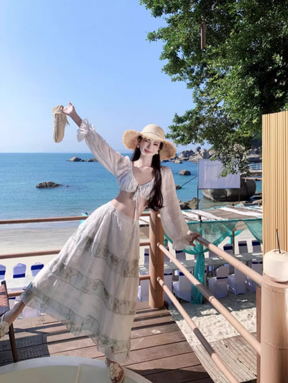 Novelty Coastal Vacays Off-Shoulder Two-Piece Set Maxi Skirt Elegant Long Puff Sleeve Crop Top Tiered Floral Print Long Dress AP1593