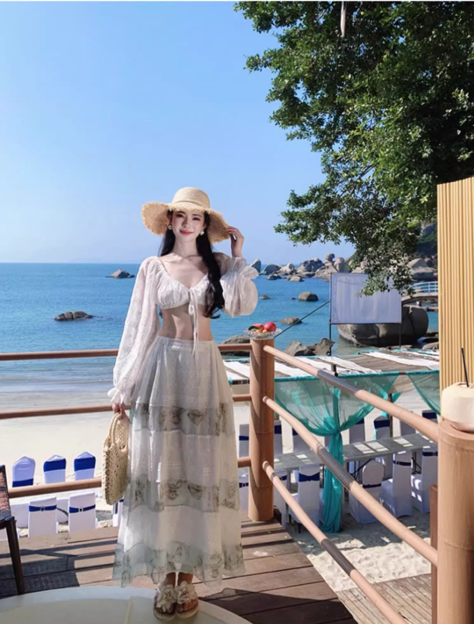 Novelty Coastal Vacays Off-Shoulder Two-Piece Set Maxi Skirt Elegant Long Puff Sleeve Crop Top Tiered Floral Print Long Dress AP1593