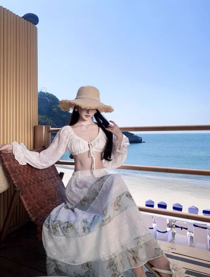 Novelty Coastal Vacays Off-Shoulder Two-Piece Set Maxi Skirt Elegant Long Puff Sleeve Crop Top Tiered Floral Print Long Dress AP1593