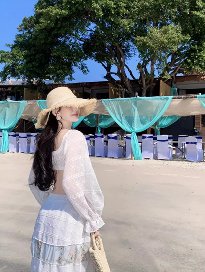 Novelty Coastal Vacays Off-Shoulder Two-Piece Set Maxi Skirt Elegant Long Puff Sleeve Crop Top Tiered Floral Print Long Dress AP1593