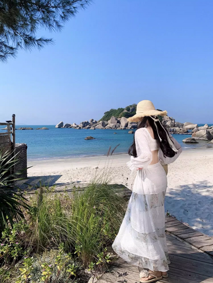 Novelty Coastal Vacays Off-Shoulder Two-Piece Set Maxi Skirt Elegant Long Puff Sleeve Crop Top Tiered Floral Print Long Dress AP1593