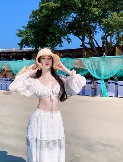 Novelty Coastal Vacays Off-Shoulder Two-Piece Set Maxi Skirt Elegant Long Puff Sleeve Crop Top Tiered Floral Print Long Dress AP1593