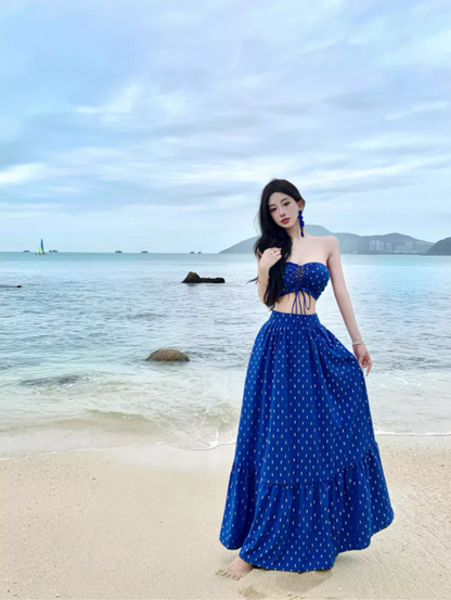 Boho-Inspired Navy Blue Polka Dot Maxi Skirt Vintage Two-Piece Set Vacation Outfit Strapless Lace-Up Crop Top & Ruffles Long Dress AP1594