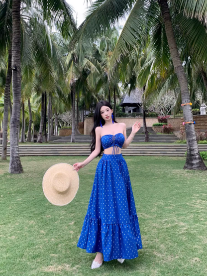 Boho-Inspired Navy Blue Polka Dot Maxi Skirt Vintage Two-Piece Set Vacation Outfit Strapless Lace-Up Crop Top & Ruffles Long Dress AP1594