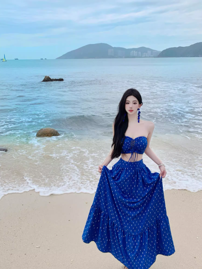 Boho-Inspired Navy Blue Polka Dot Maxi Skirt Vintage Two-Piece Set Vacation Outfit Strapless Lace-Up Crop Top & Ruffles Long Dress AP1594