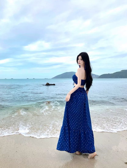 Boho-Inspired Navy Blue Polka Dot Maxi Skirt Vintage Two-Piece Set Vacation Outfit Strapless Lace-Up Crop Top & Ruffles Long Dress AP1594